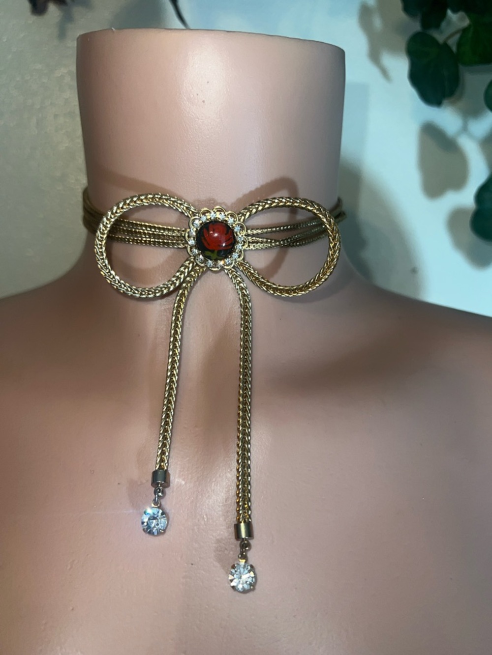 Betsey Johnson Gold Bow Choker with Red Center Stone and Crystal Drops